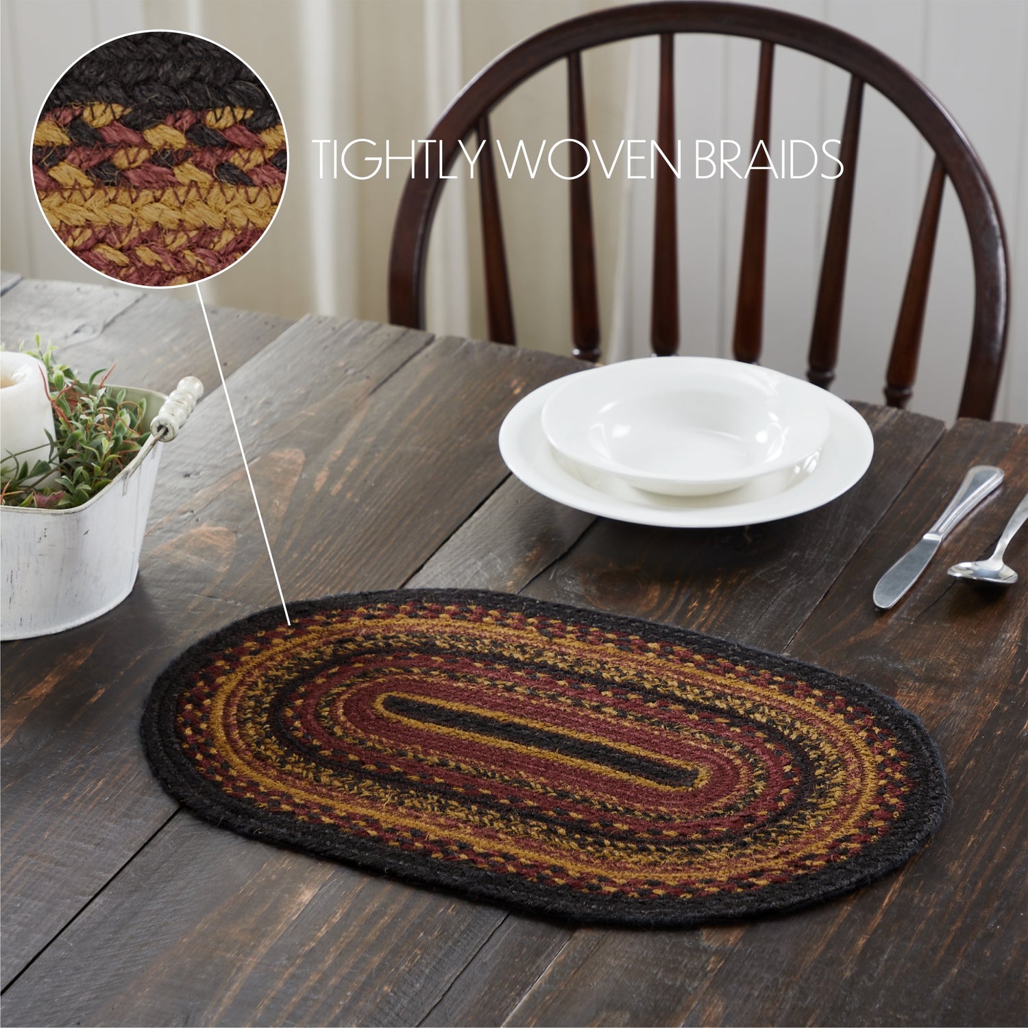 Heritage Farms Dining Table Placemat, Braided Jute, Oval, Red Black Tan. 10x15, 8 Pack 8 Pack