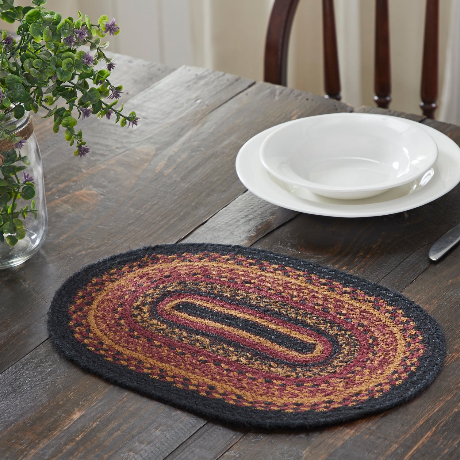 Heritage Farms Dining Table Placemat, Braided Jute, Oval, Red Black Tan. 12x18, 6 Pack 6 Pack