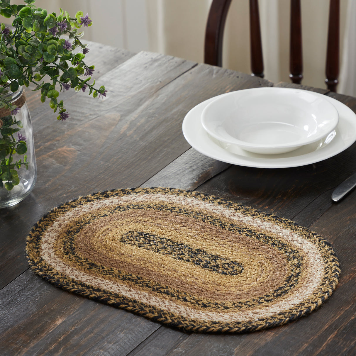Kettle Grove, Dining Table Placemat, Braided Jute, Oval, Tan & Black, 10x15, 2 Pack