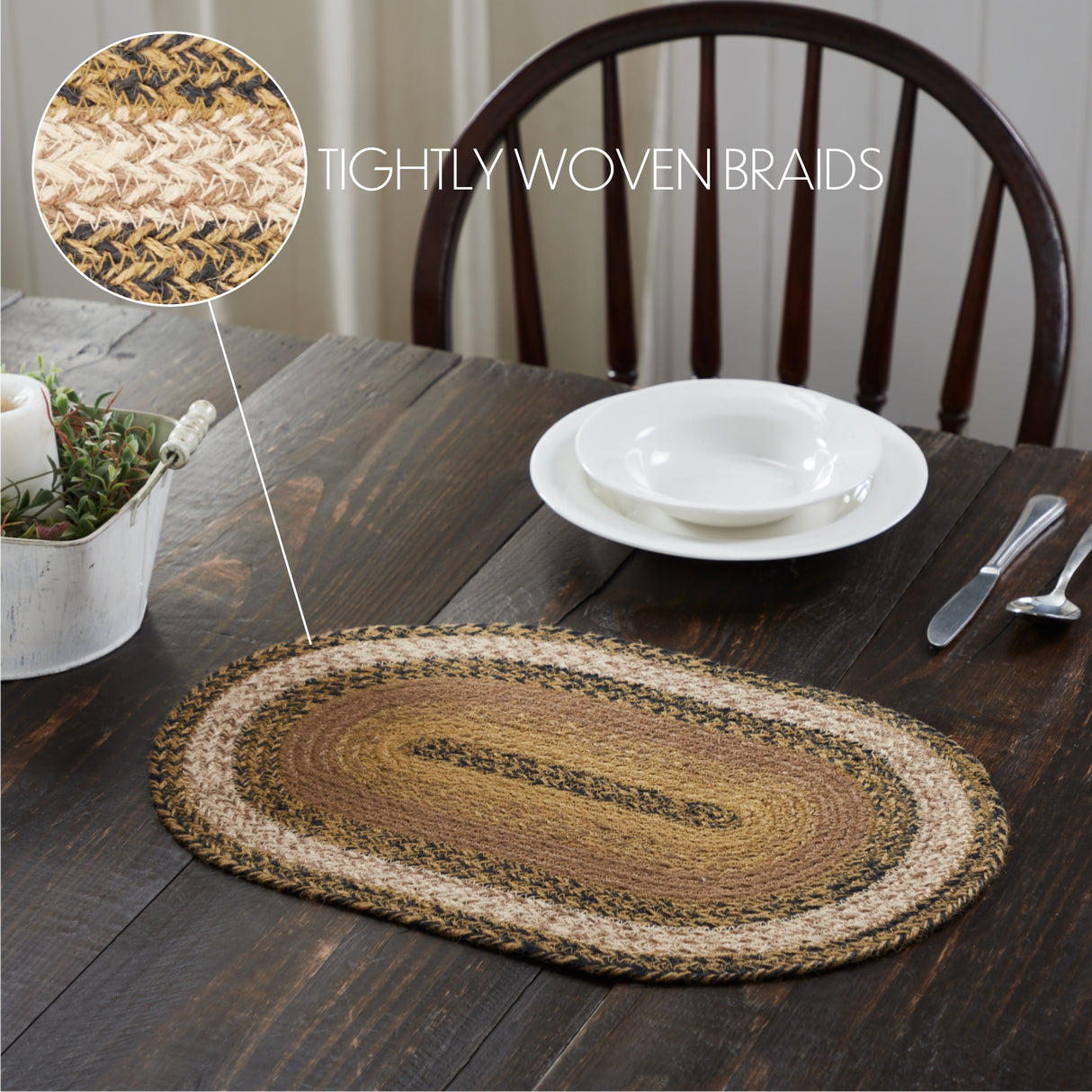Kettle Grove, Dining Table Placemat, Braided Jute, Oval, Tan & Black, 12x18, 12 Pack 12 Pack