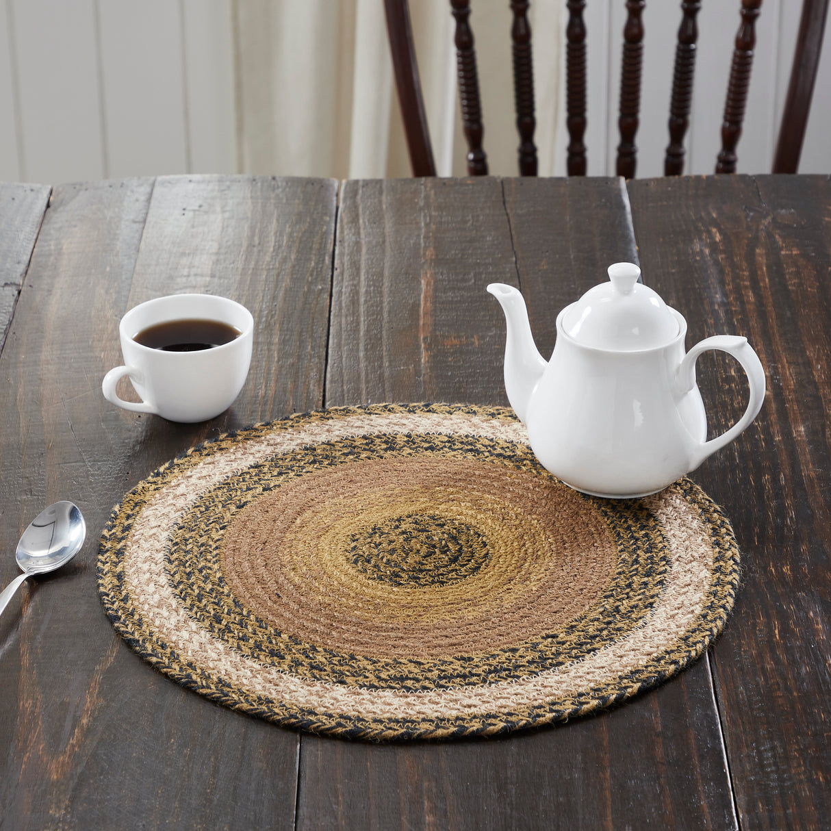 Kettle Grove, Braided Jute Mat Trivet Placemat, Round, Black Tan, 15 inch, Set of 3