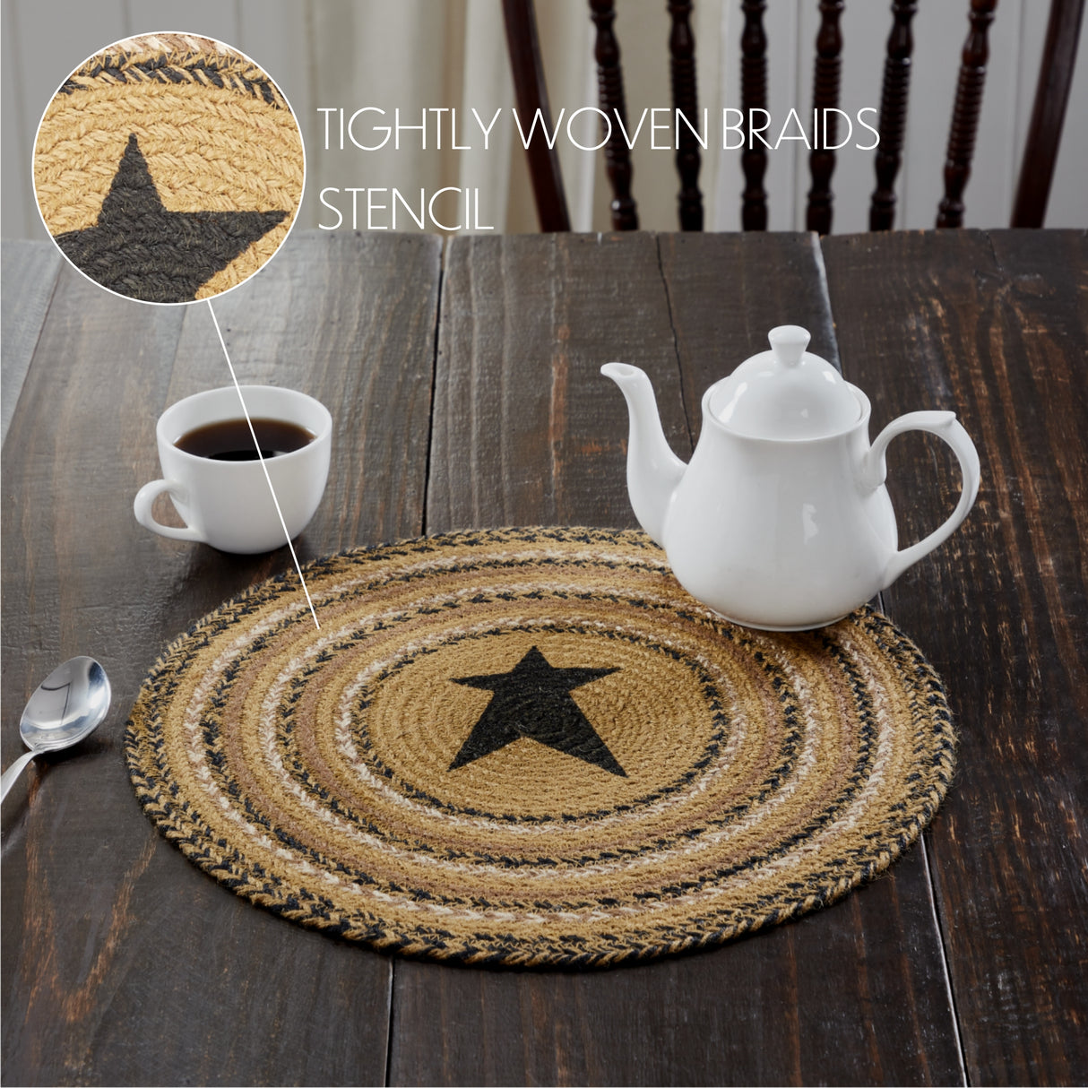 Kettle Grove, Braided Jute Mat Trivet Placemat, Star, Round, Black Tan, 15 inch, Set of 3