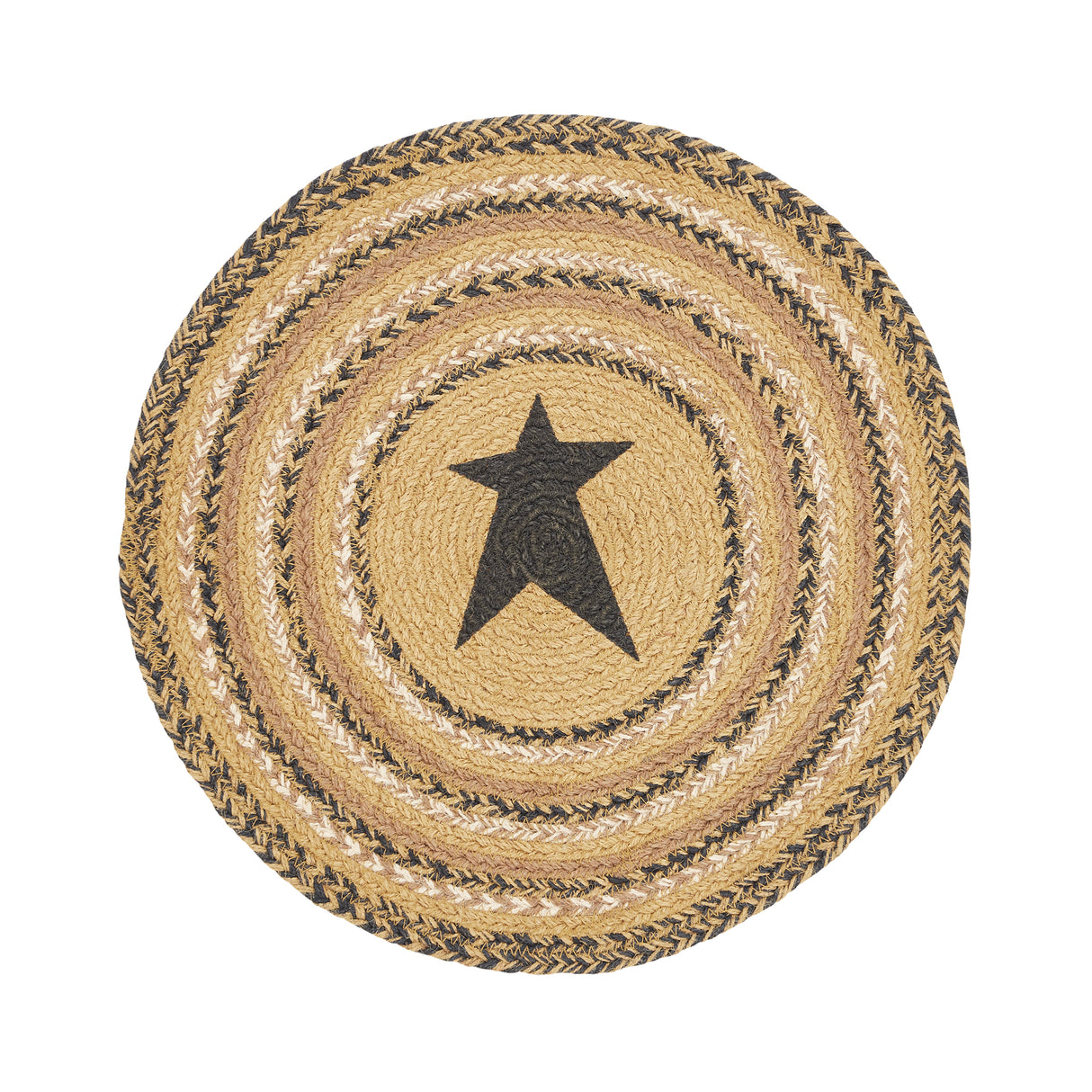 Kettle Grove, Braided Jute Mat Trivet Placemat, Star, Round, Black Tan, 15 inch, Set of 3
