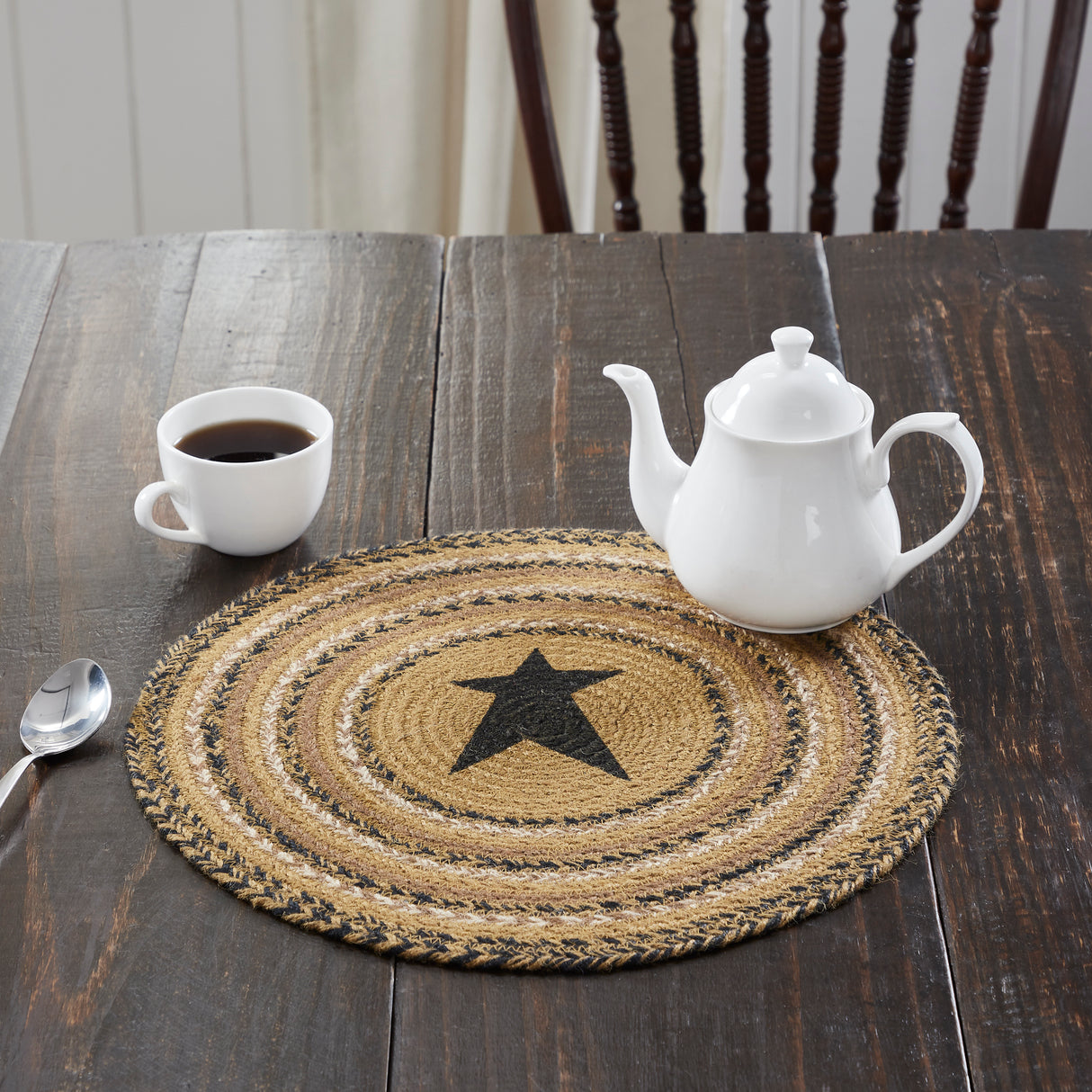 Kettle Grove, Braided Jute Mat Trivet Placemat, Star, Round, Black Tan, 15 inch, Set of 3