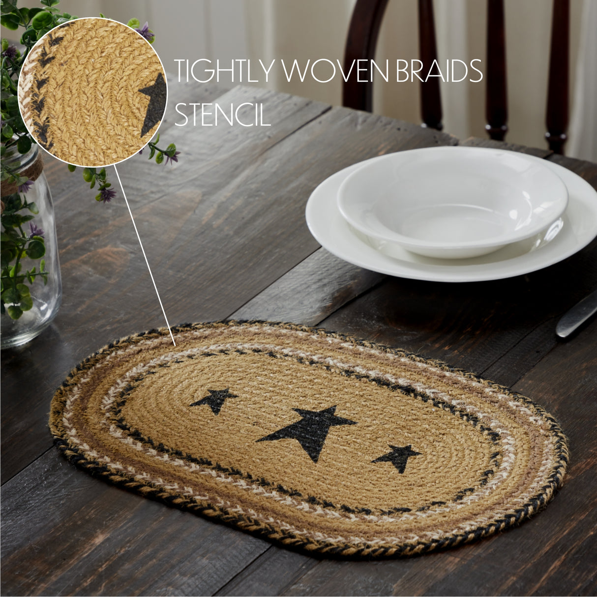 Kettle Grove, Dining Table Placemat, Braided Jute, Stars, Oval, Tan & Black, 10x15, 12 Pack 12 Pack