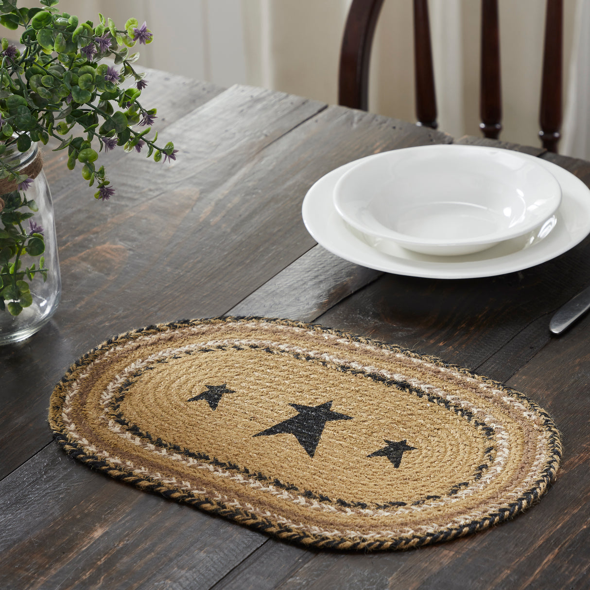 Kettle Grove, Dining Table Placemat, Braided Jute, Stars, Oval, Tan & Black, 10x15, 2 Pack