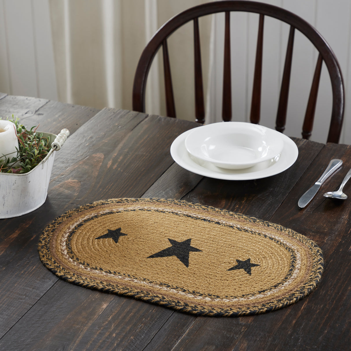 Kettle Grove, Dining Table Placemat, Braided Jute, Stars, Oval, Tan & Black, 10x18, 8 Pack 8 Pack