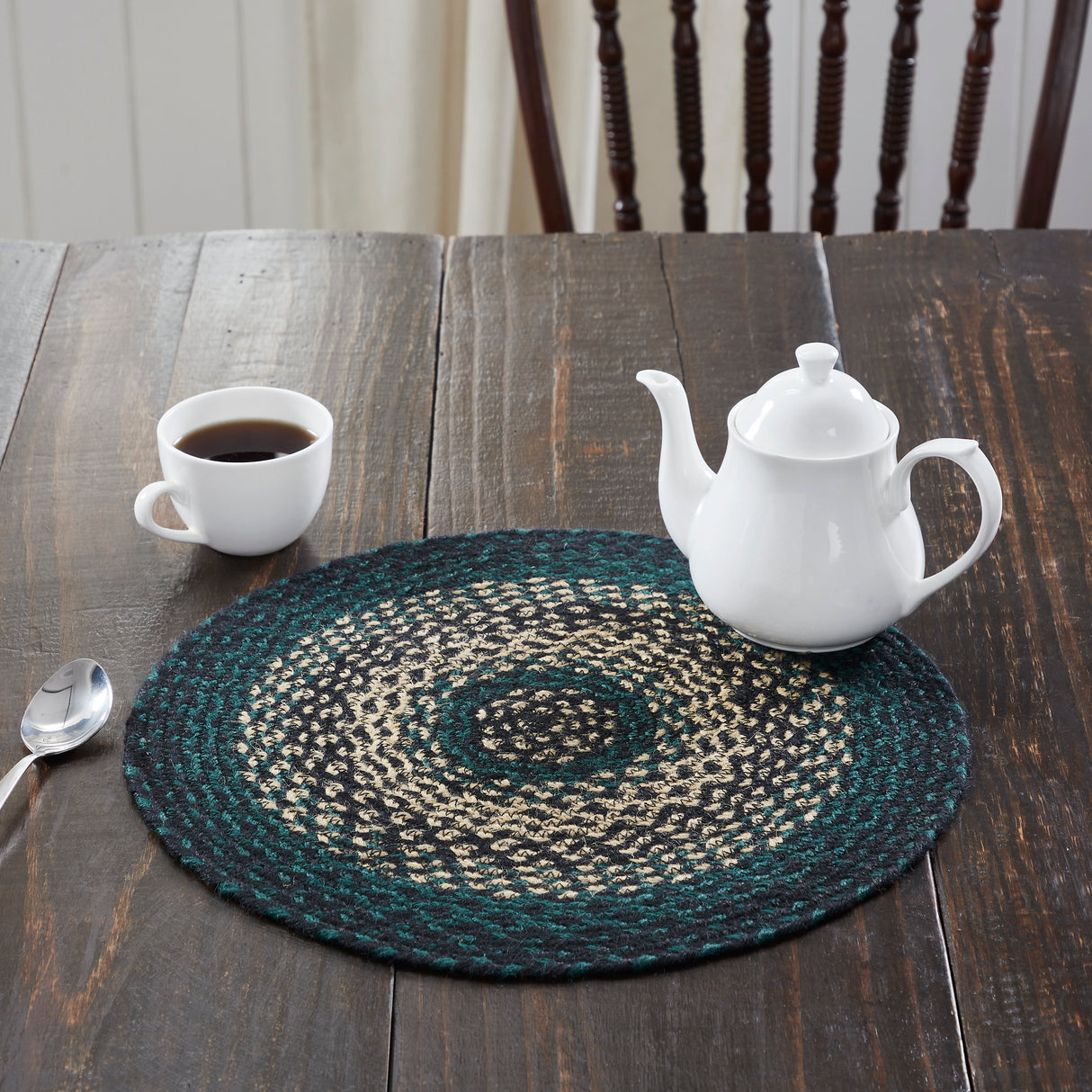 Pine Grove, Braided Jute Mat Trivet Placemat, Round, Green, 15 inch, Set of 3