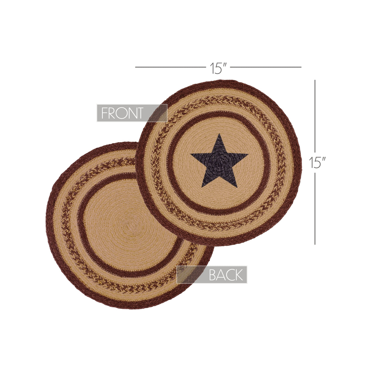 Potomac, Braided Jute Mat Trivet Placemat, Round, Star, Red Tan Blue, 15 inch, Set of 3