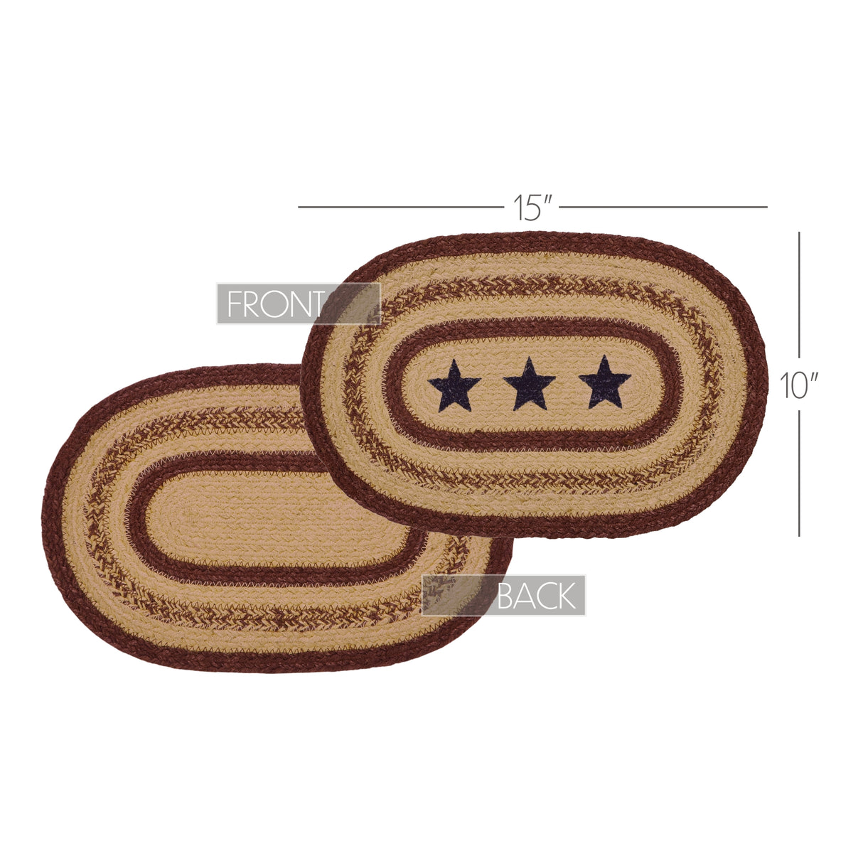 Potomac, Dining Table Placemat, Braided Jute, Oval, Stars, Red Blue Tan, 10x15, 2 Pack