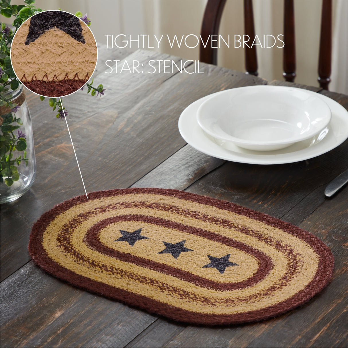 Potomac, Dining Table Placemat, Braided Jute, Oval, Stars, Red Blue Tan, 10x15, 6 Pack 6 Pack