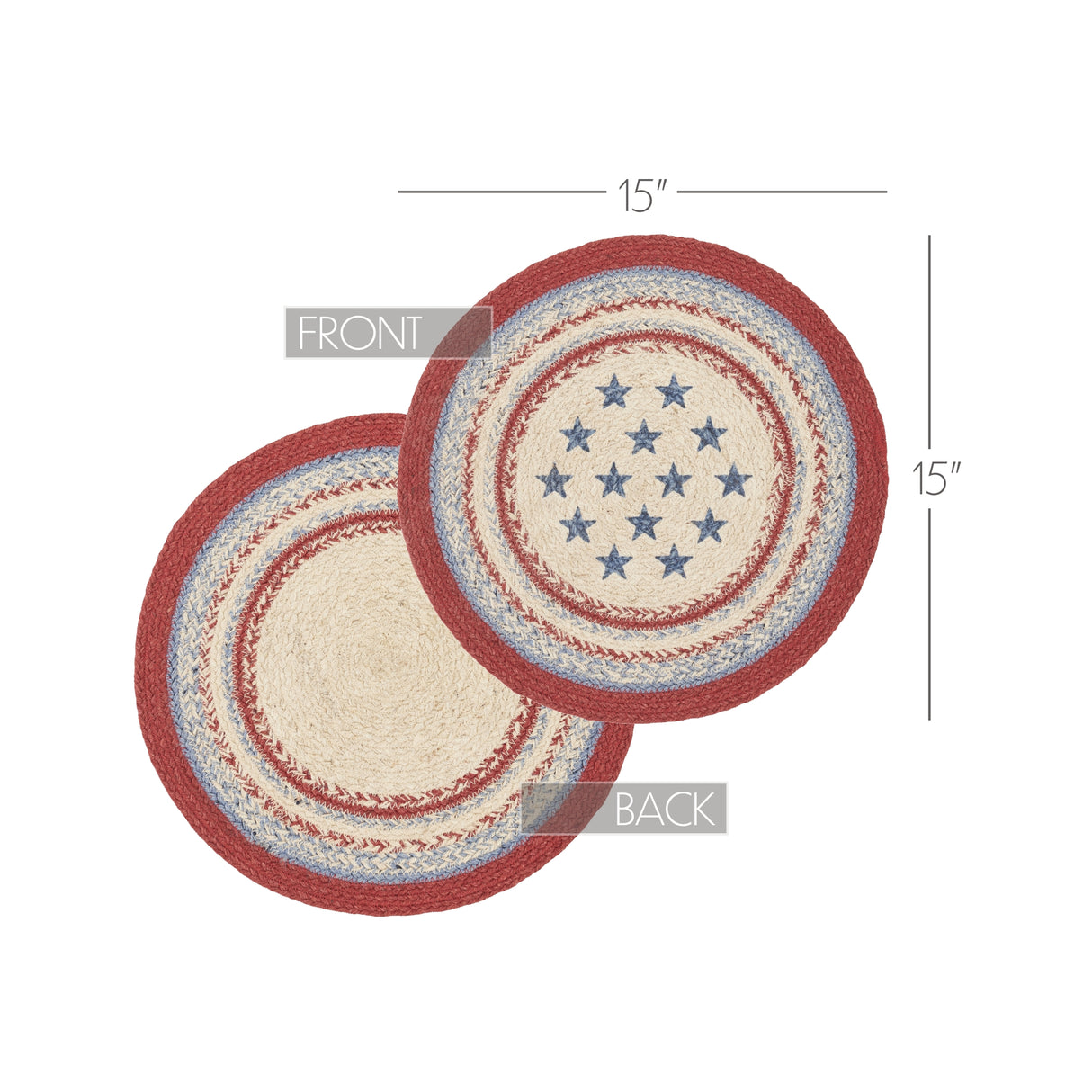 Celebration Braided Jute Mat Trivet Placemat, Round, Red Creme Blue, 15 inch, Set of 3