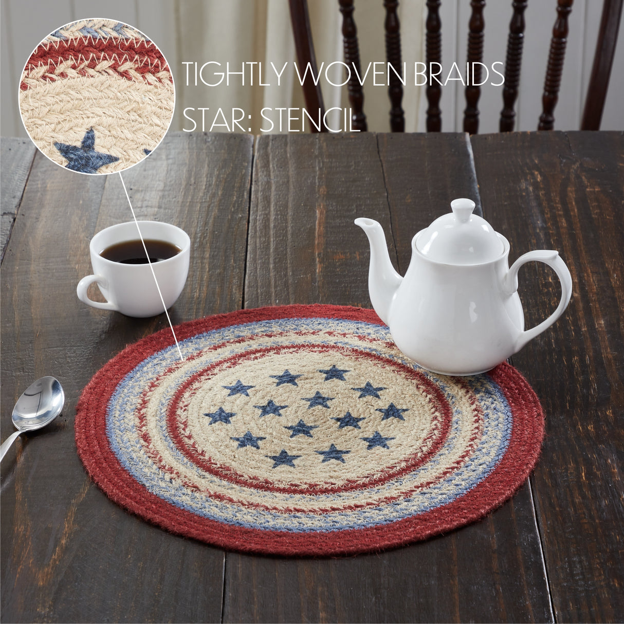 Celebration Braided Jute Mat Trivet Placemat, Round, Red Creme Blue, 15 inch, Set of 3