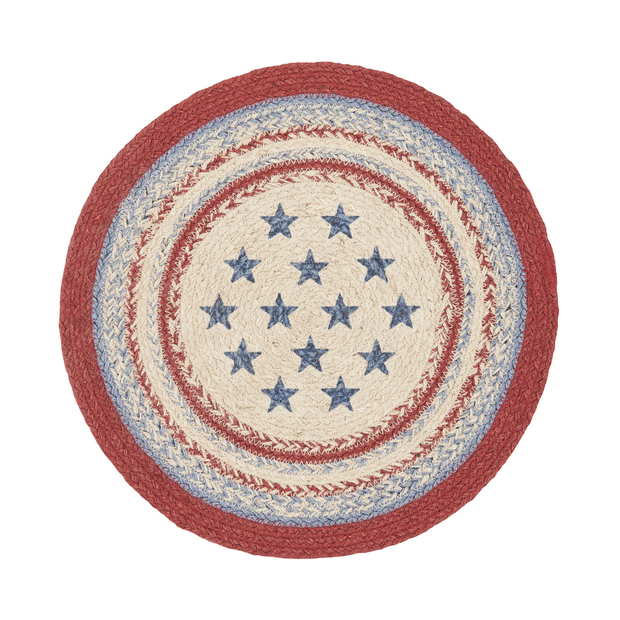 Celebration Braided Jute Mat Trivet Placemat, Round, Red Creme Blue, 15 inch, Set of 3