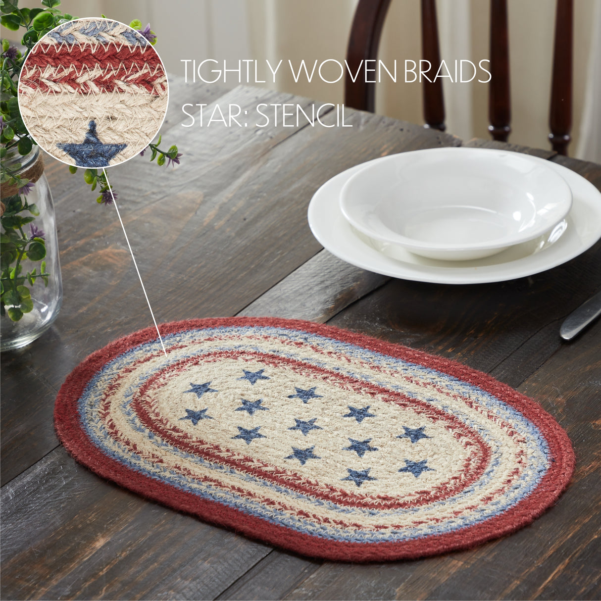 Celebration Dining Table Placemat, Braided Jute, Oval, Red Creme Blue, 10x15, 6 Pack 6 Pack