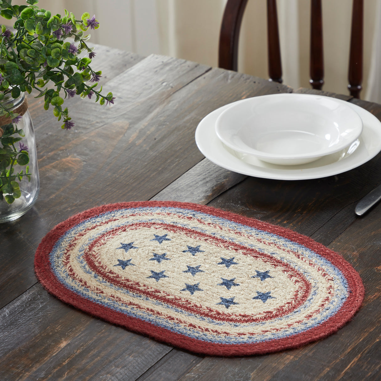 Celebration Dining Table Placemat, Braided Jute, Oval, Red Creme Blue, 10x15, 6 Pack 6 Pack