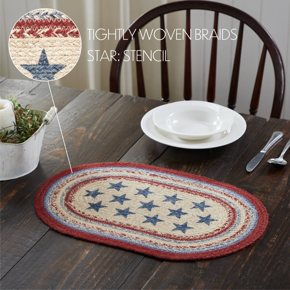 Celebration Dining Table Placemat, Braided Jute, Oval, Red Creme Blue, 12x18, 4 Pack 4 Pack