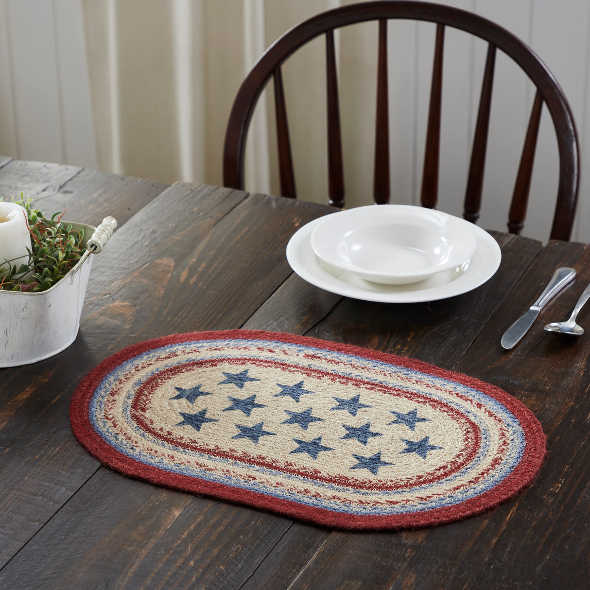 Celebration Dining Table Placemat, Braided Jute, Oval, Red Creme Blue, 12x18, 8 Pack 8 Pack