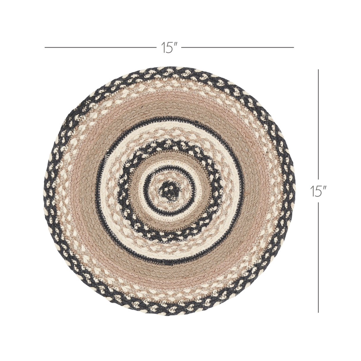 Sawyer Mill, Braided Jute Mat Trivet Placemat, Round, Charcoal Creme, 15 inch, Set of 3