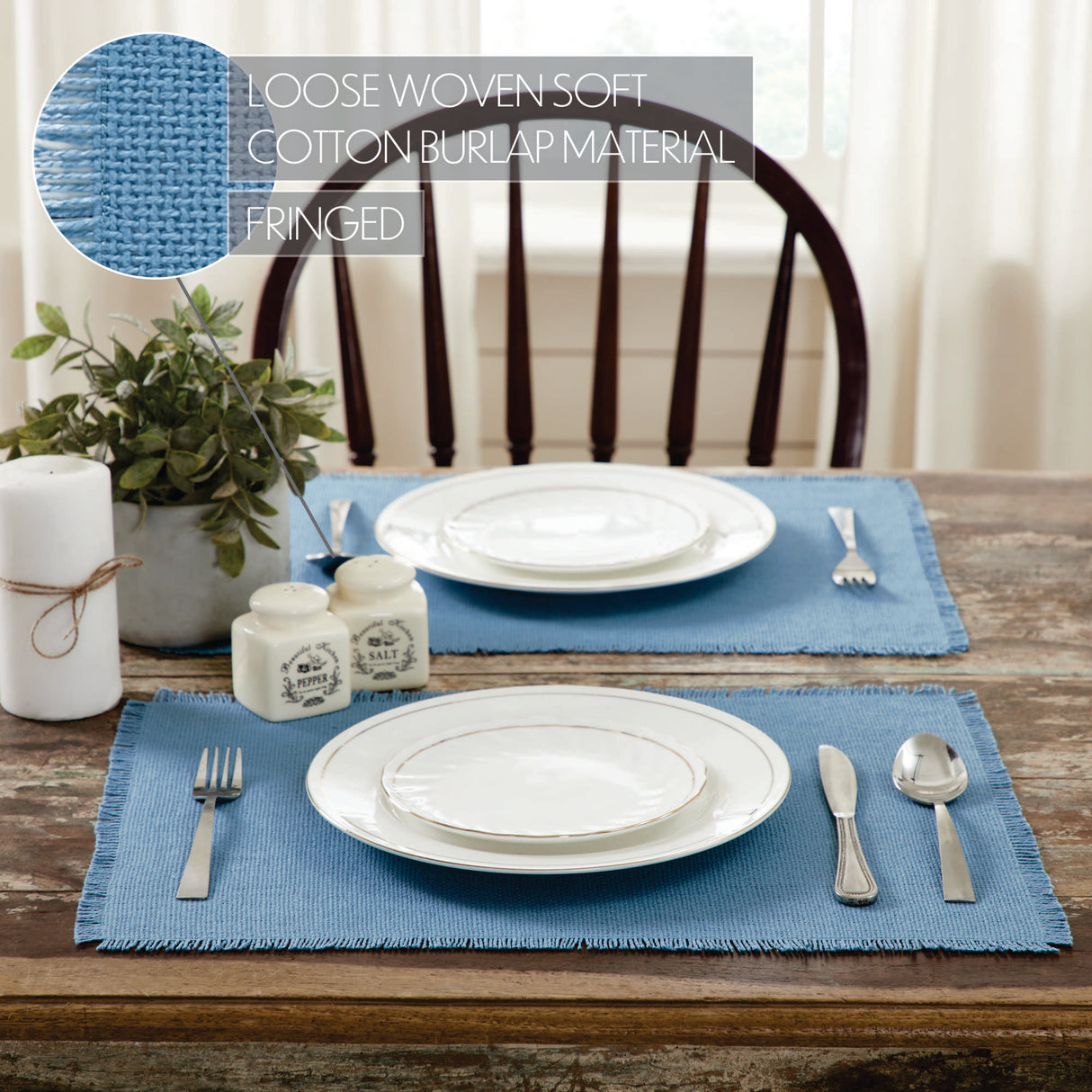 Burlap Blue Dusk Blue 12x72 Table Runner & 6 pc 13x19 Placemat Set