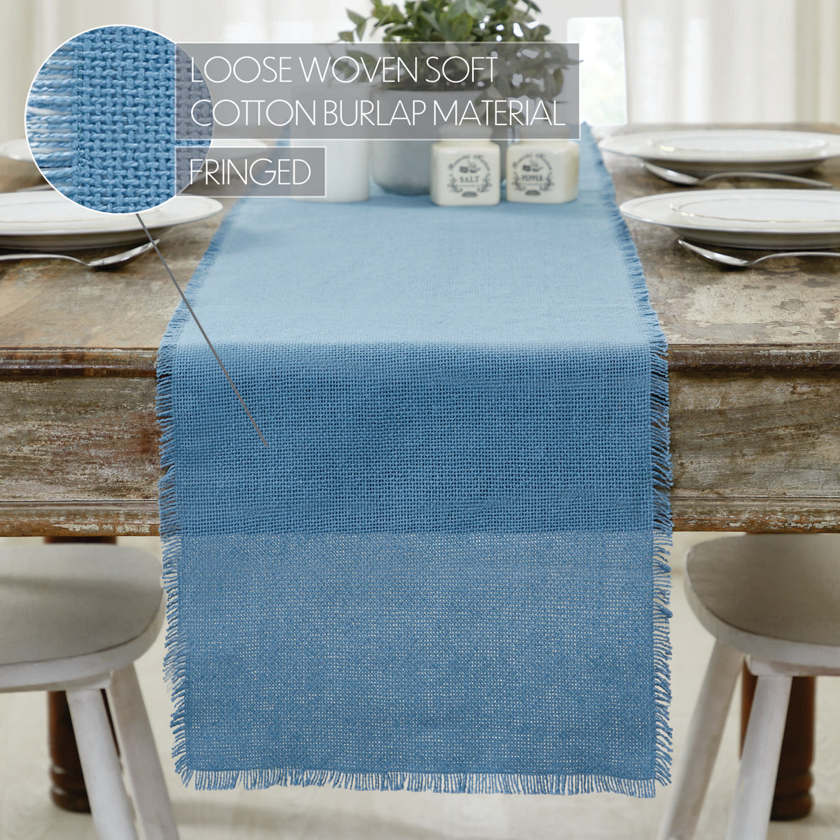 Burlap Blue Dusk Blue 12x72 Table Runner & 6 pc 13x19 Placemat Set