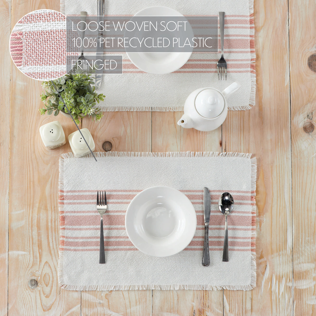 Antique White Stripe Farmhouse 13"x19" Placemat Set of 6 Pink Recycled Plastic (PET) Striped Water-Resistant Rect Kitchen Table Decor, 12 Pack
