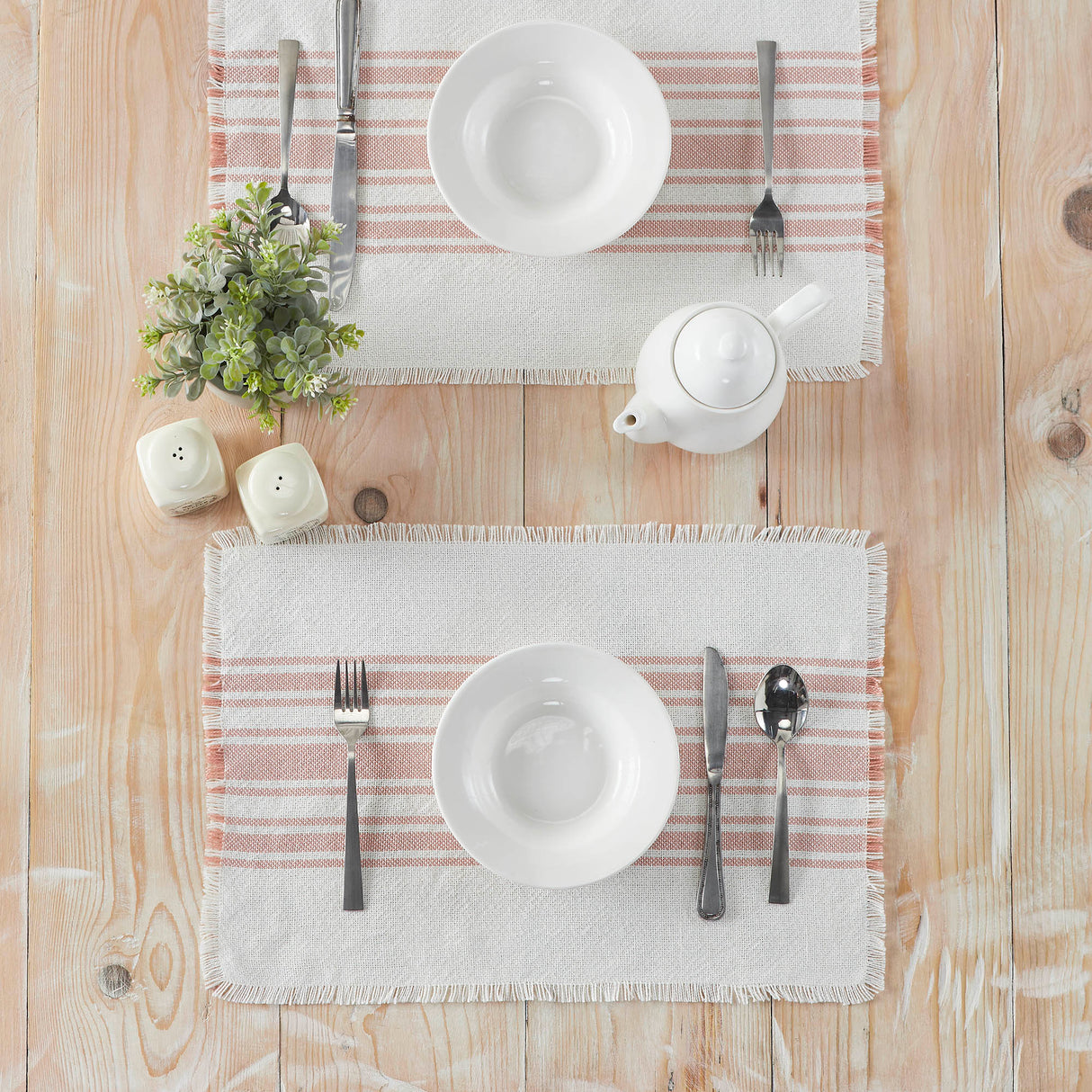 Antique White Stripe Farmhouse 13"x19" Placemat Set of 6 Pink Recycled Plastic (PET) Striped Water-Resistant Rect Kitchen Table Decor, 12 Pack