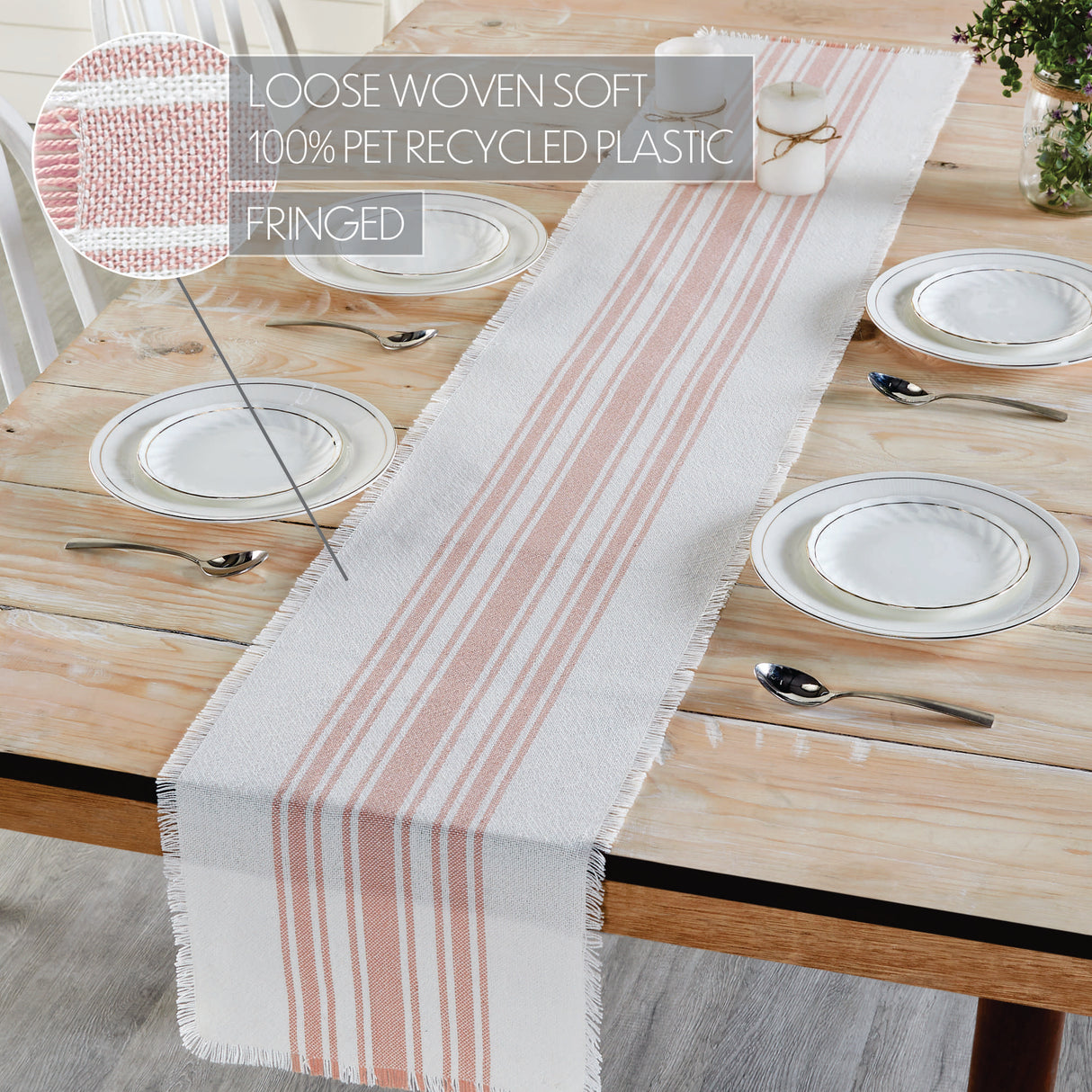 Antique White Stripe Coral 12x72 Table Runner & 6 pc 13x19 Placemat Set