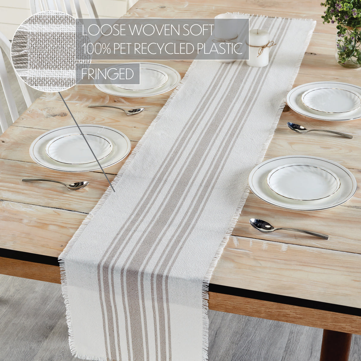 Antique White Stripe Dove Grey 12x72 Table Runner & 6 pc 13x19 Placemat Set