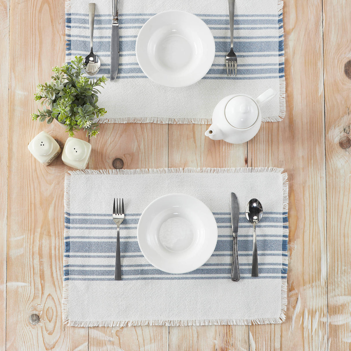 Antique White Stripe Farmhouse 13"x19" Placemat Set of 6 Blue Recycled Plastic (PET) Striped Water-Resistant Rect Kitchen Table Decor, 12 Pack