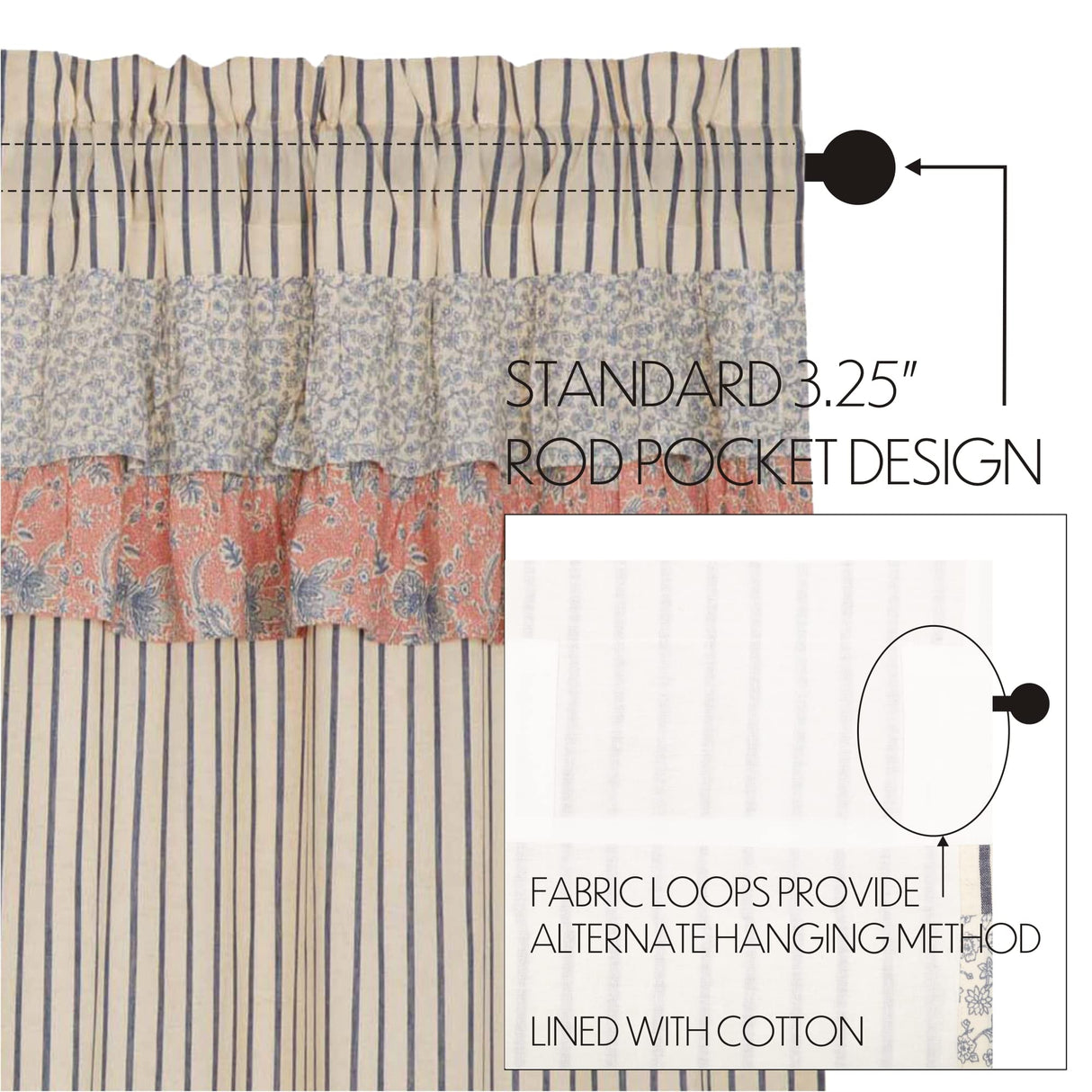 Kaila Ticking Blue Ruffled Valance Set of 2 16x90