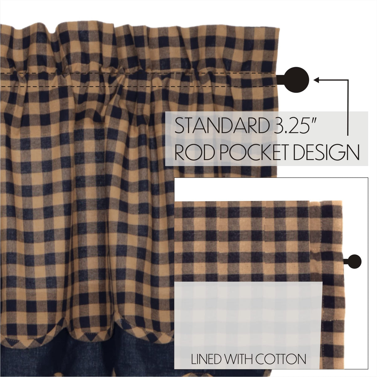 Navy Check Scalloped Layered Valance Set of 2 16x72