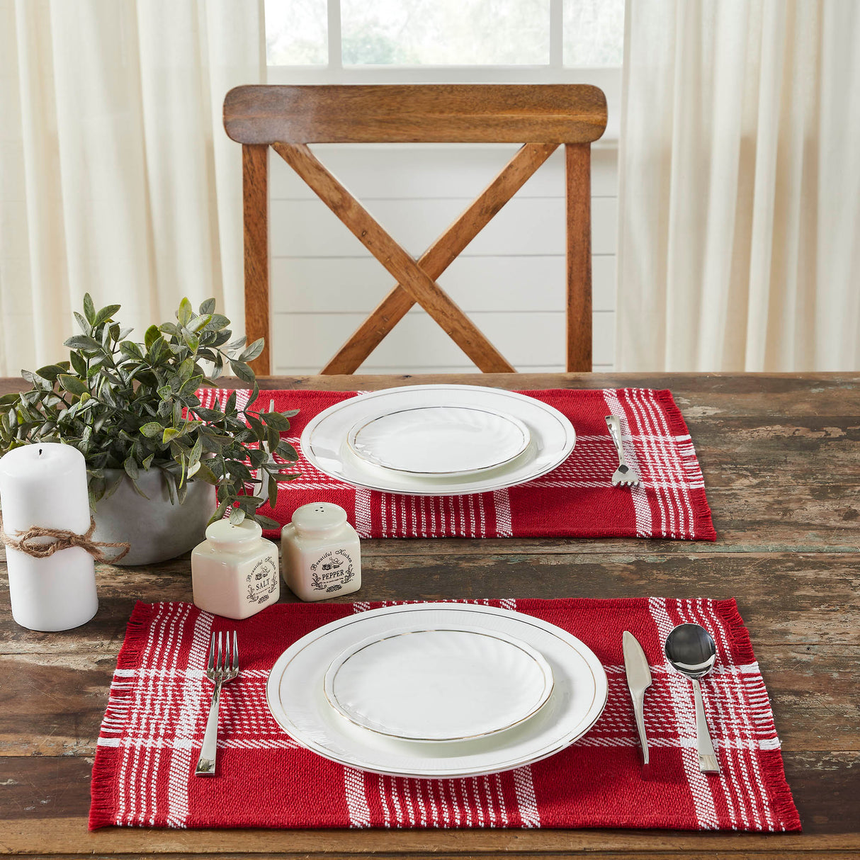 Eston Red White Plaid Placemat Set of 2 Fringed 13x19, 6 Pack 12 Pack