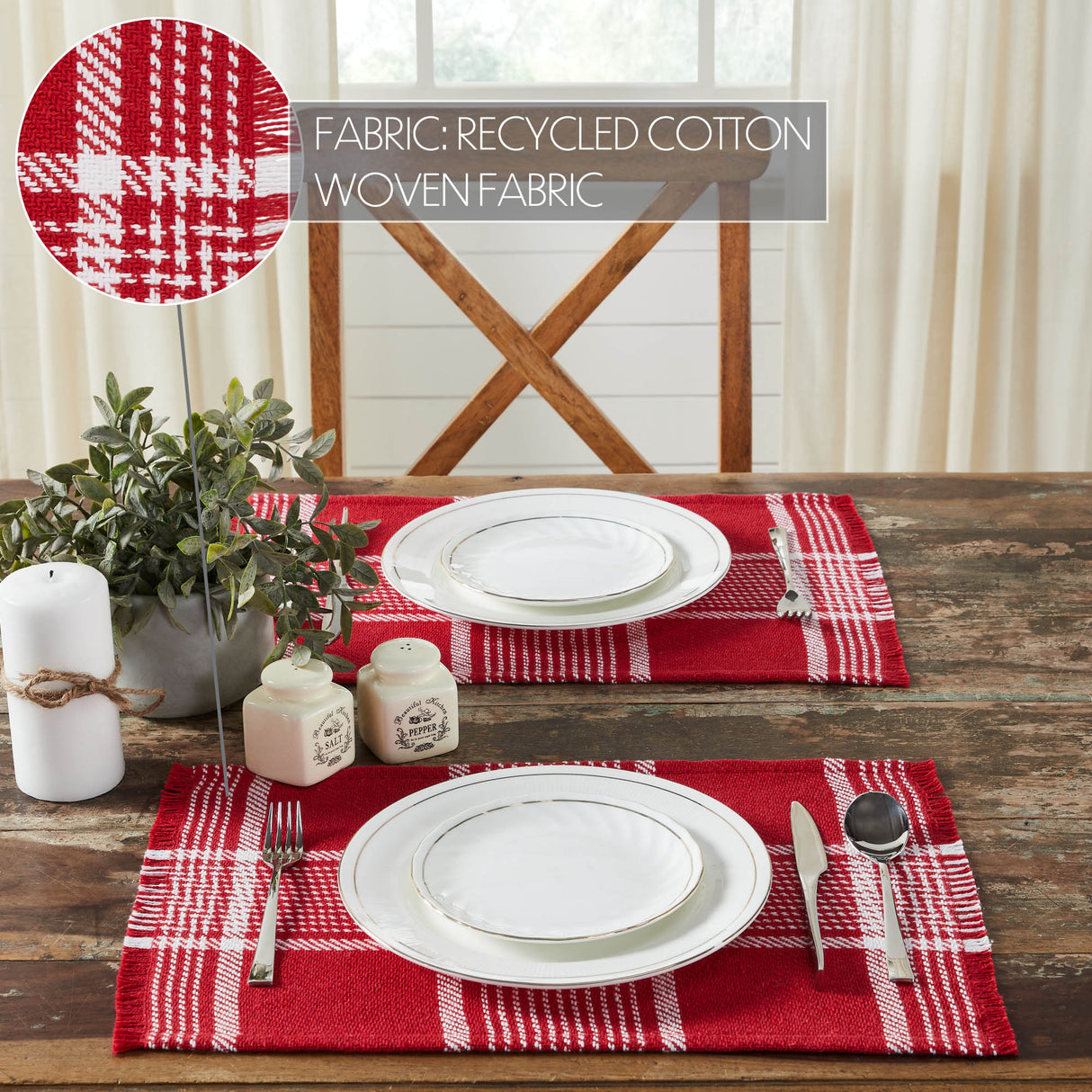 Eston Red White Plaid Placemat Set of 2 Fringed 13x19, 6 Pack 12 Pack