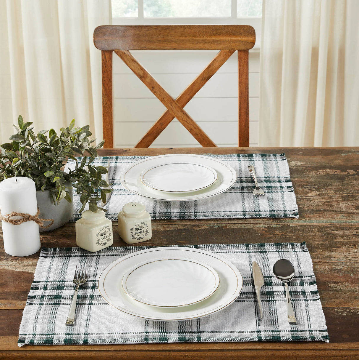 Harper Plaid Green White Placemat Set of 2 Fringed 13x19, 3 Pack 6 Pack