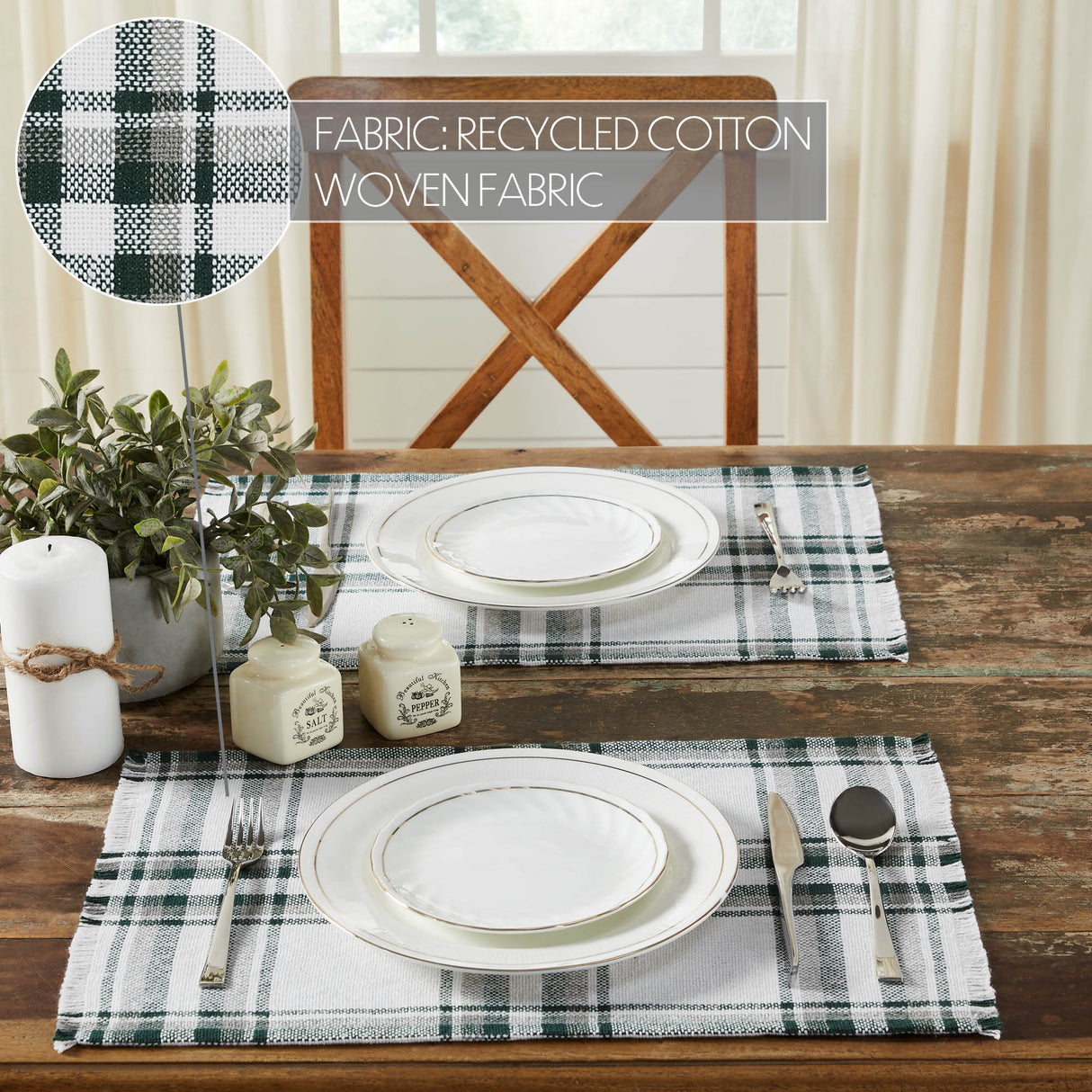 Harper Plaid Green White Placemat Set of 2 Fringed 13x19, 4 Pack
