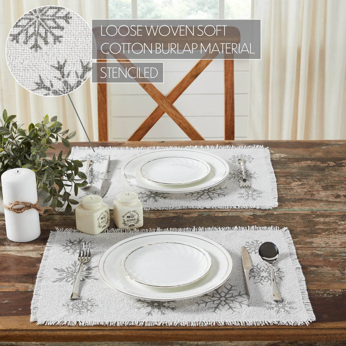Yuletide Burlap Antique White Snowflake Placemat Set of 2 13x19, 4 Pack