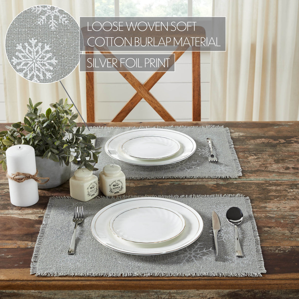 Yuletide Burlap Dove Grey Snowflake Placemat Set of 2 13x19, 6 Pack 12 Pack