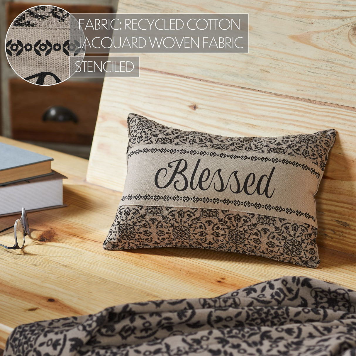 Custom House Black Tan Jacquard Blessed Pillow 9.5x14