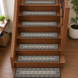 Custom House Black Tan Jacquard Polyester Stair Tread Rect Latex 8.5x27, Set of 7