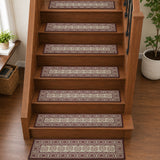 Custom House Burgundy Tan Jacquard Polyester Stair Tread Rect Latex 8.5x27, Set of 7