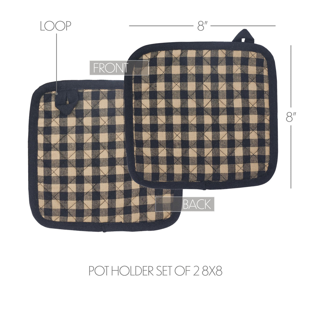 VHC Brands Black Check 4PC Set 2 Oven Mitts and 2 Pot Holders