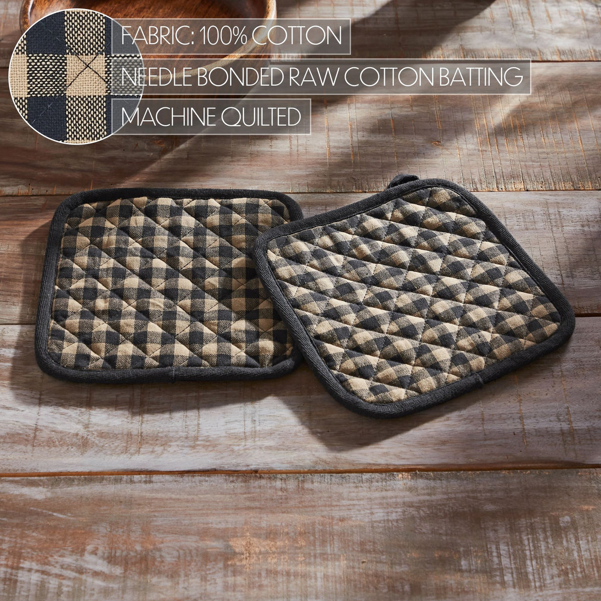 VHC Brands Black Check 7PC Set 2 Oven Mitt 2 Pot Holder and 3 Tea Towels