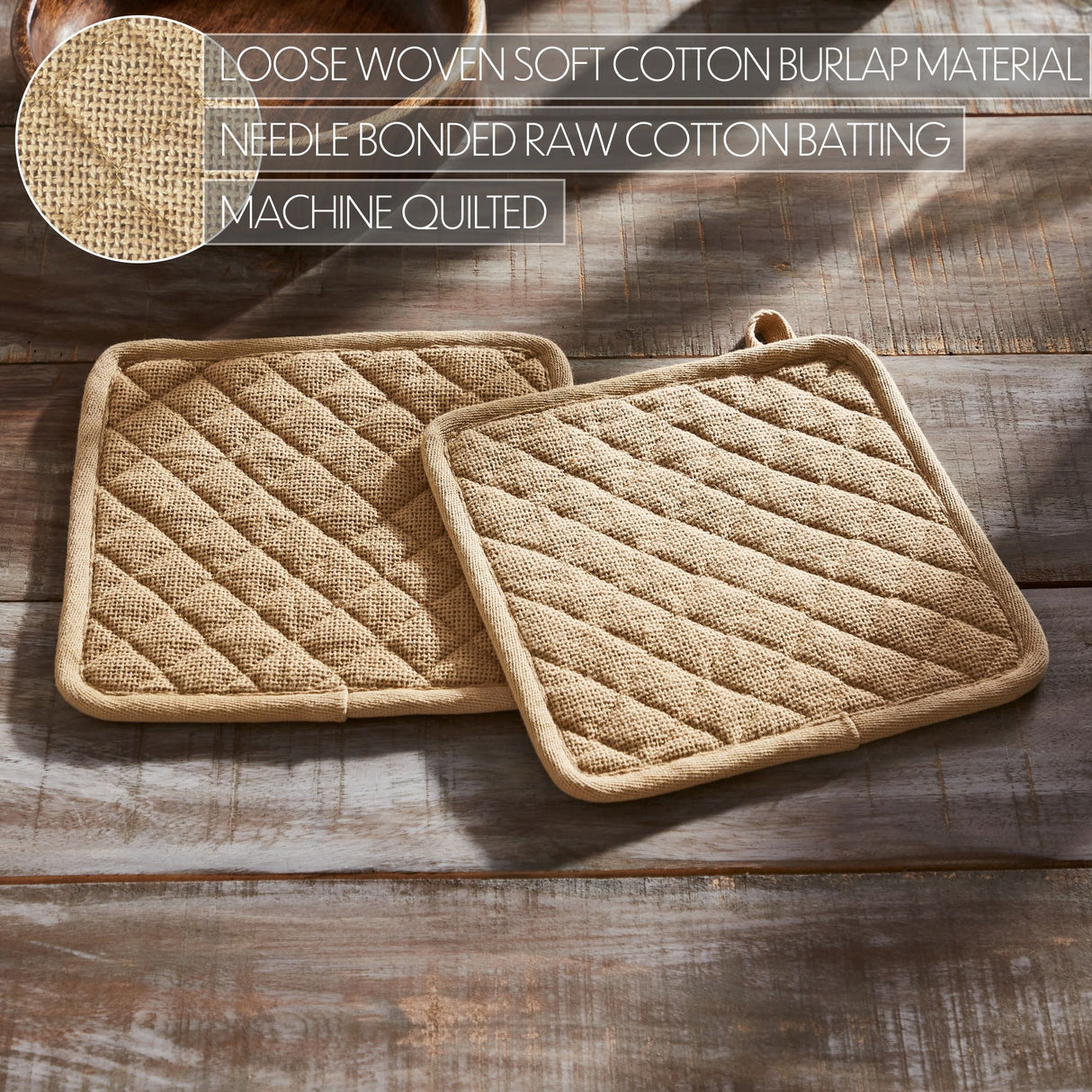 VHC Brands Burlap Natural 4PC Set 2 Oven Mitts and 2 Pot Holders
