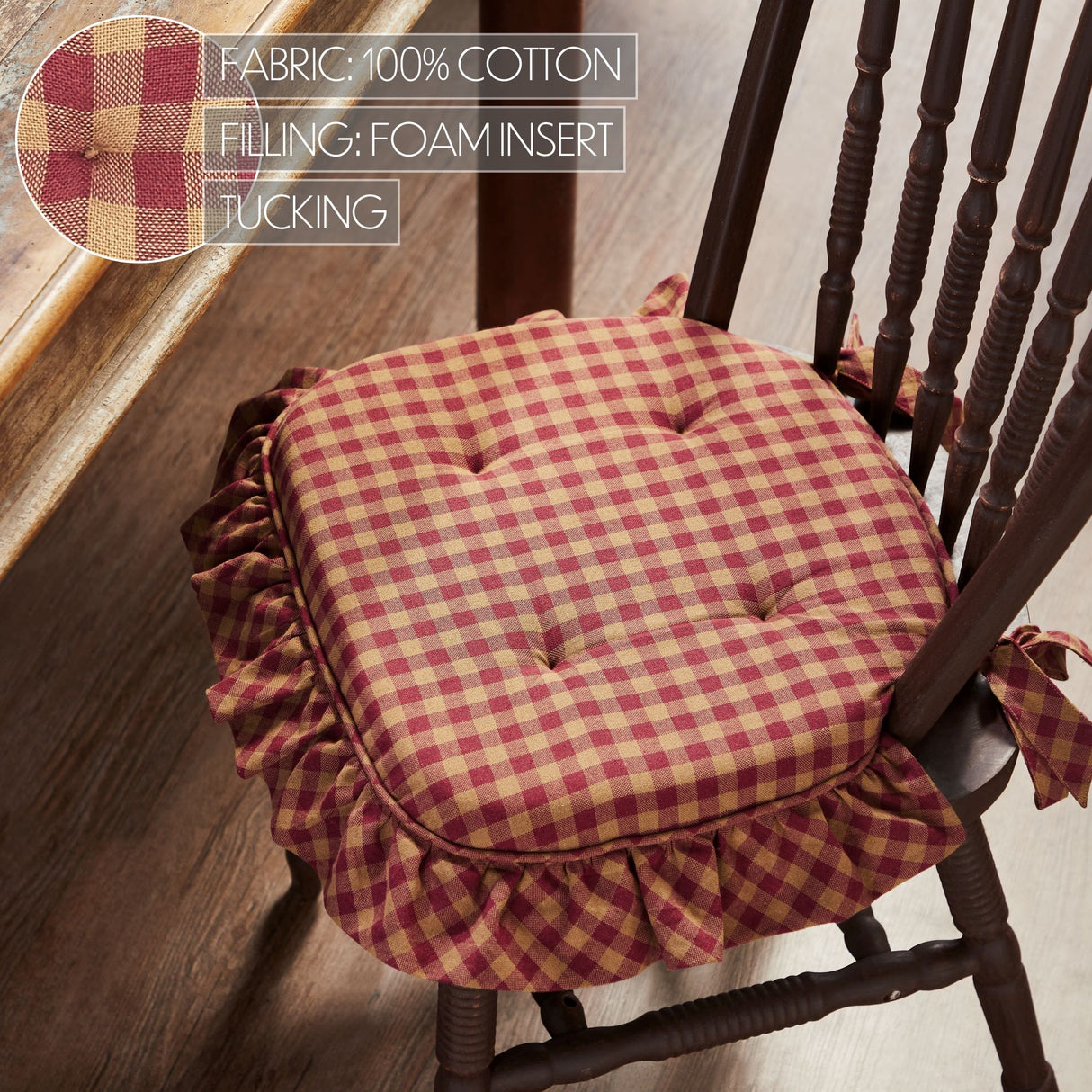 Burgundy Check Ruffled 16.5x18 Inch Chair Pad