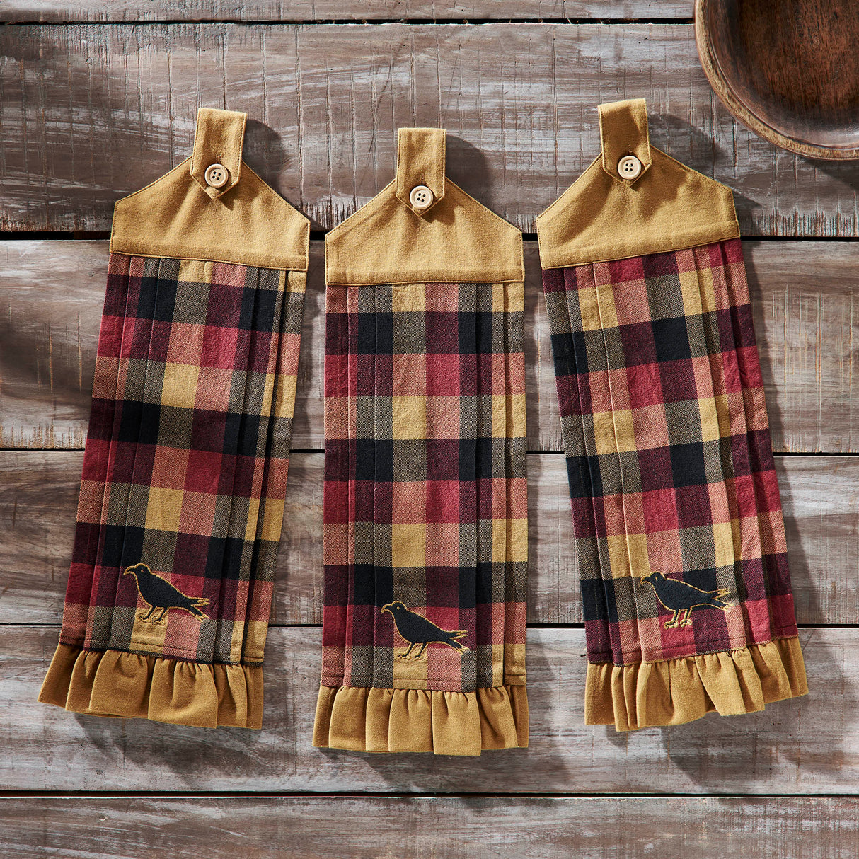 Heritage Farms Primitive Check Button Loop Tea Towel Set of 3