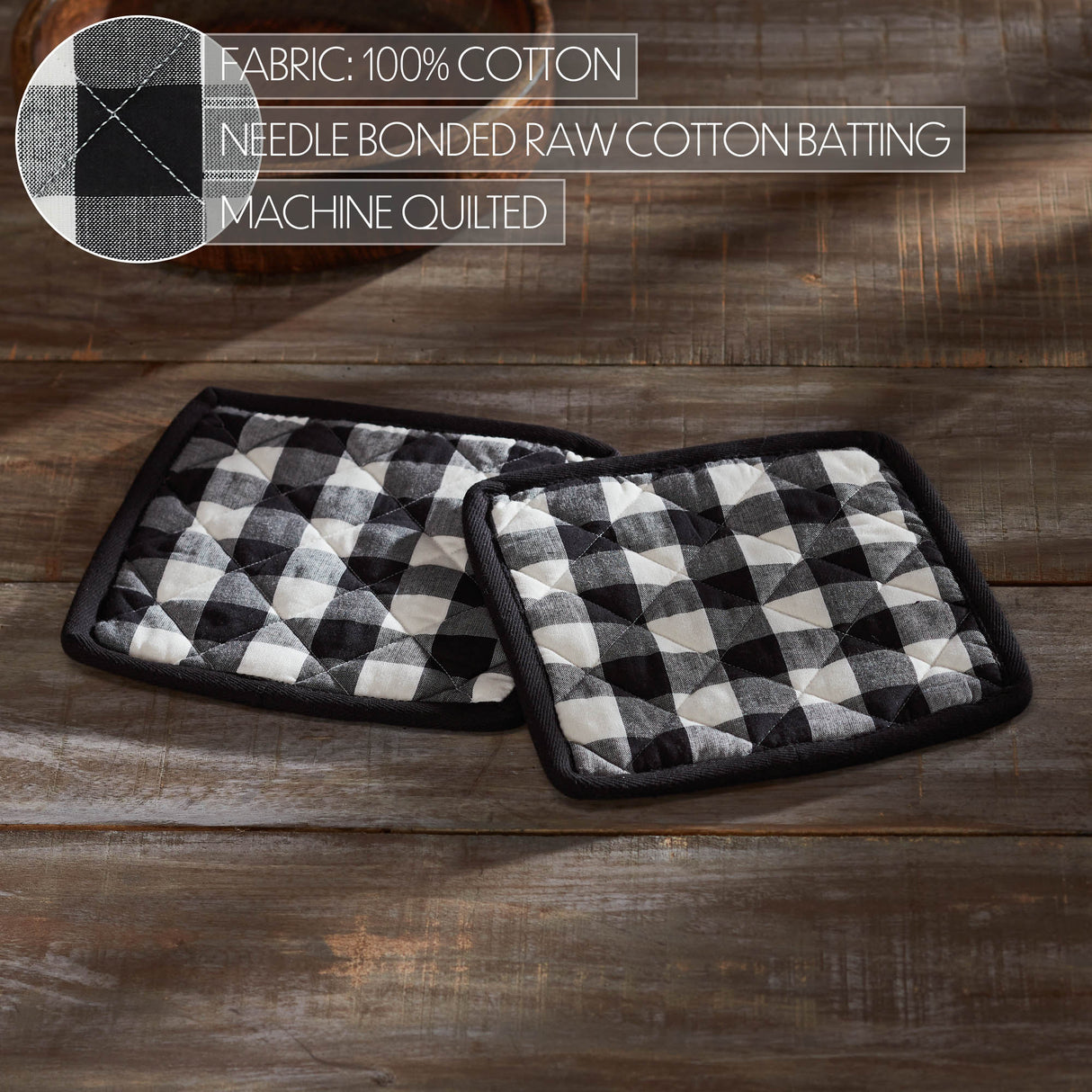 VHC Brands Annie Buffalo Check Black 4PC Set 2 Oven Mitts and 2 Pot Holders