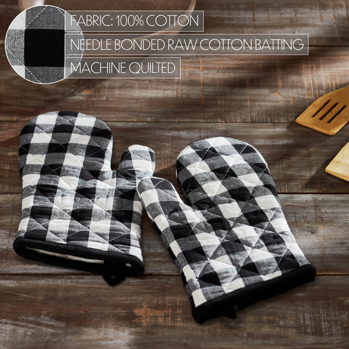VHC Brands Annie Buffalo Check Black 4PC Set 2 Oven Mitts and 2 Pot Holders