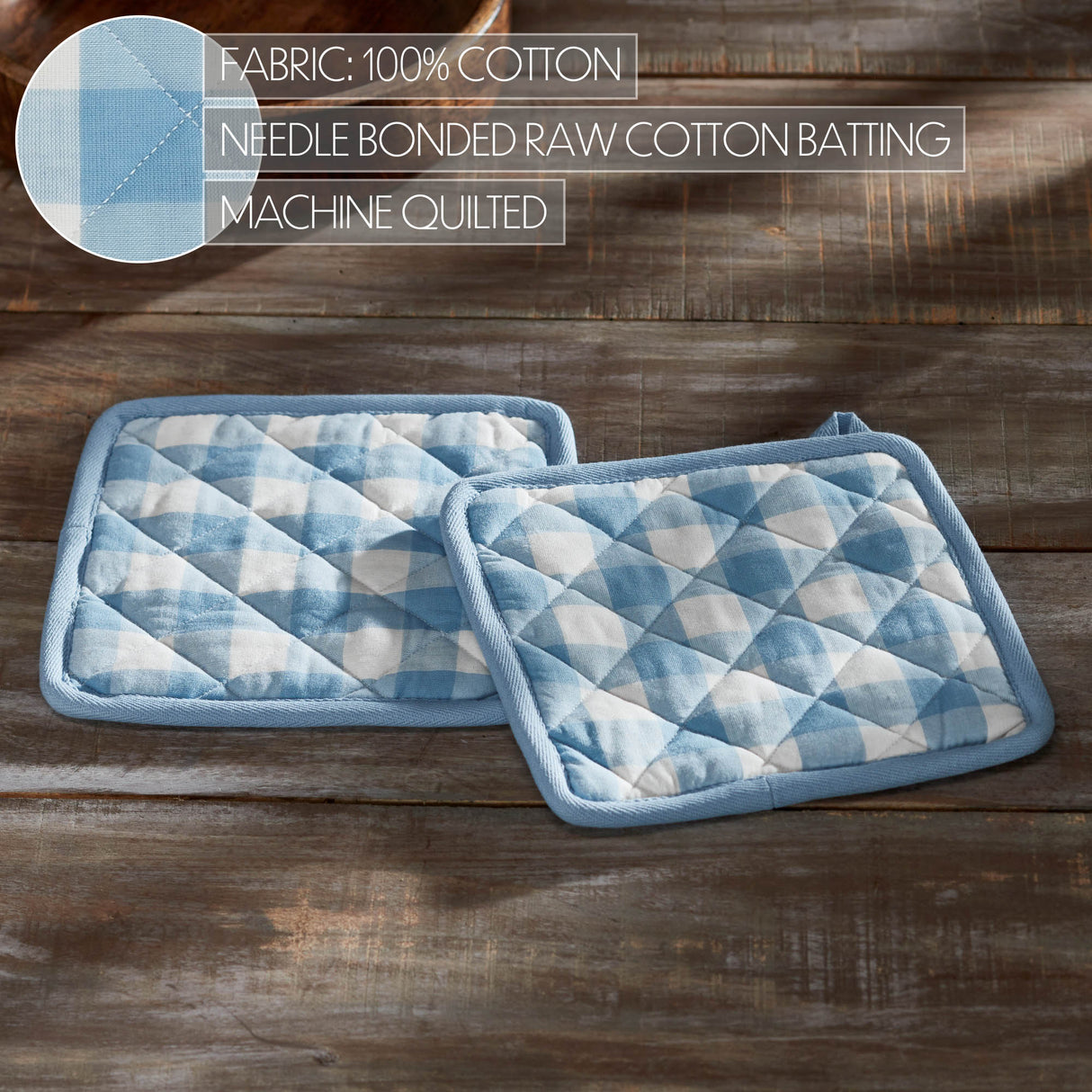 VHC Brands Annie Buffalo Check Blue 4PC Set 2 Oven Mitts and 2 Pot Holders