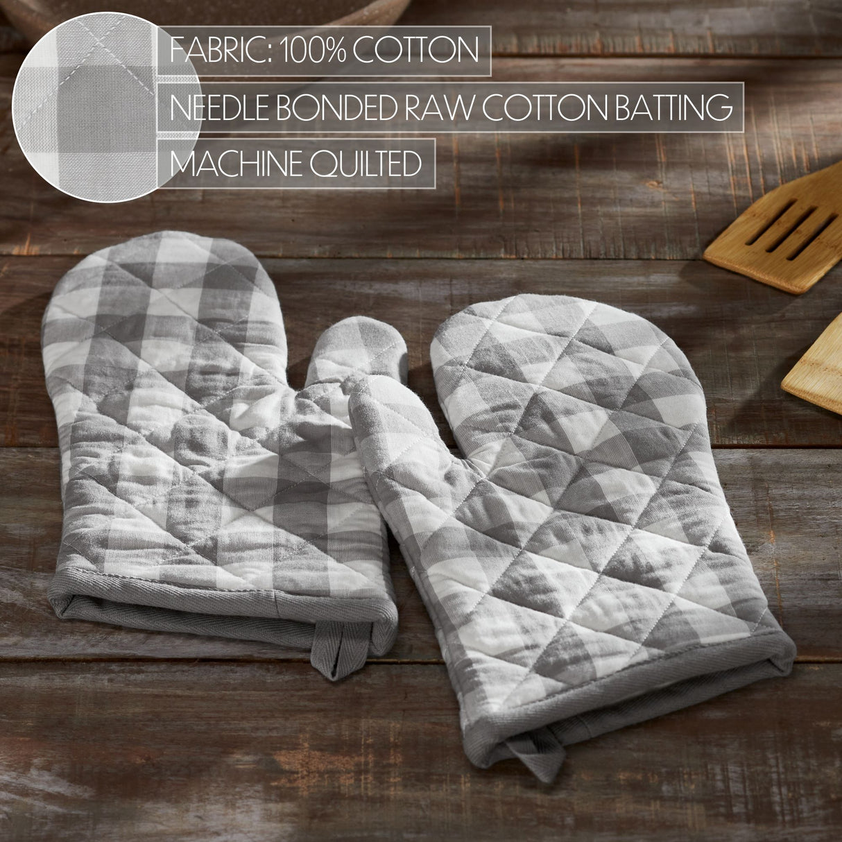 VHC Brands Annie Buffalo Check Gray 7PC Set 2 Oven Mitt 2 Pot Holder and 3 Tea Towels